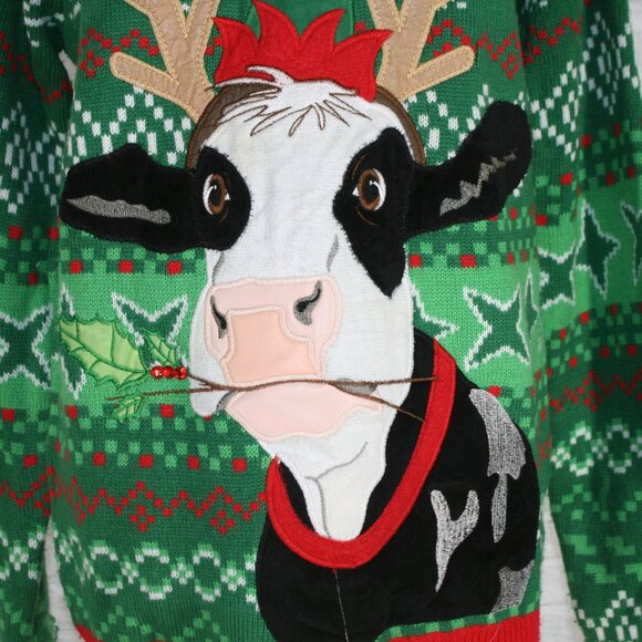HOLIDAY TIME Sweater Christmas Ugly Velour Cow Reindeer Antler Green Unisex M - Picture 3 of 11